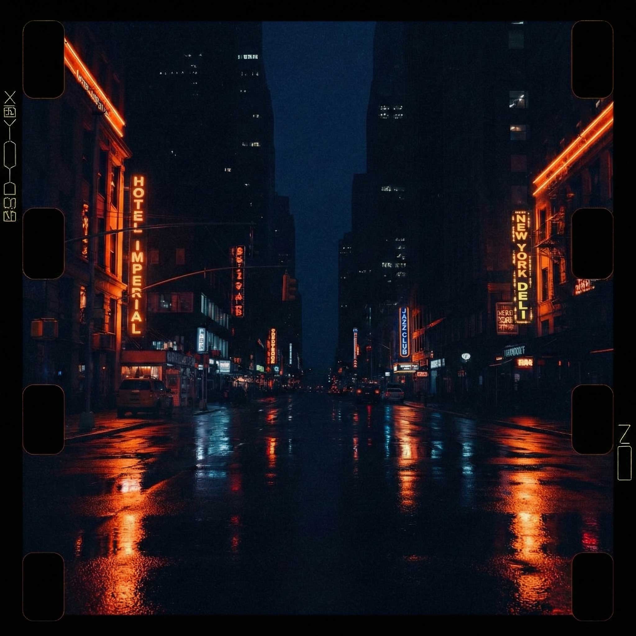 Neon-lit NYC street at midnight